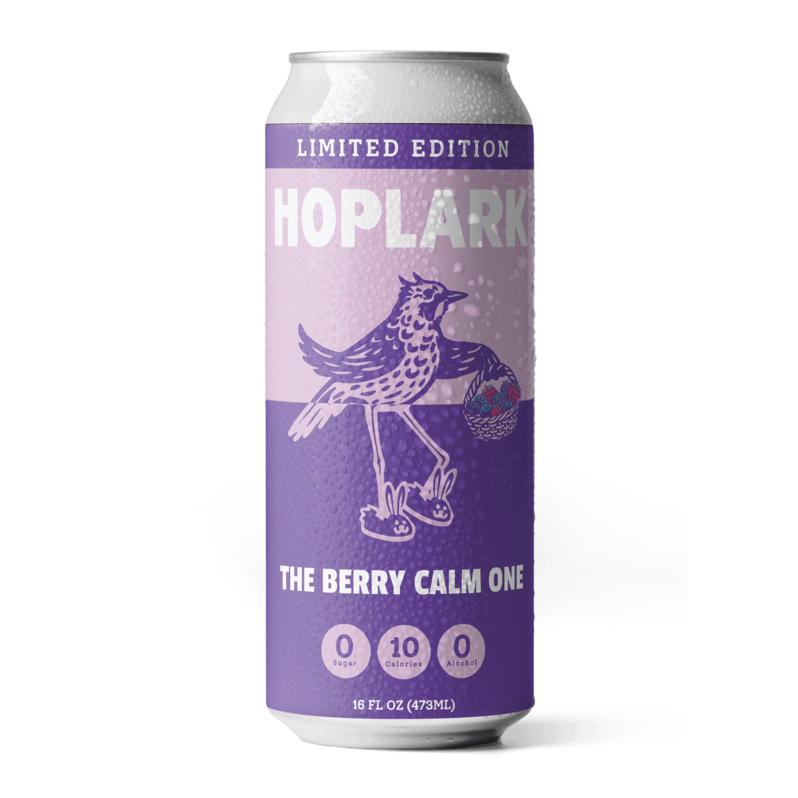 Purple can of Hoplark tea with a bird illustration on a white background