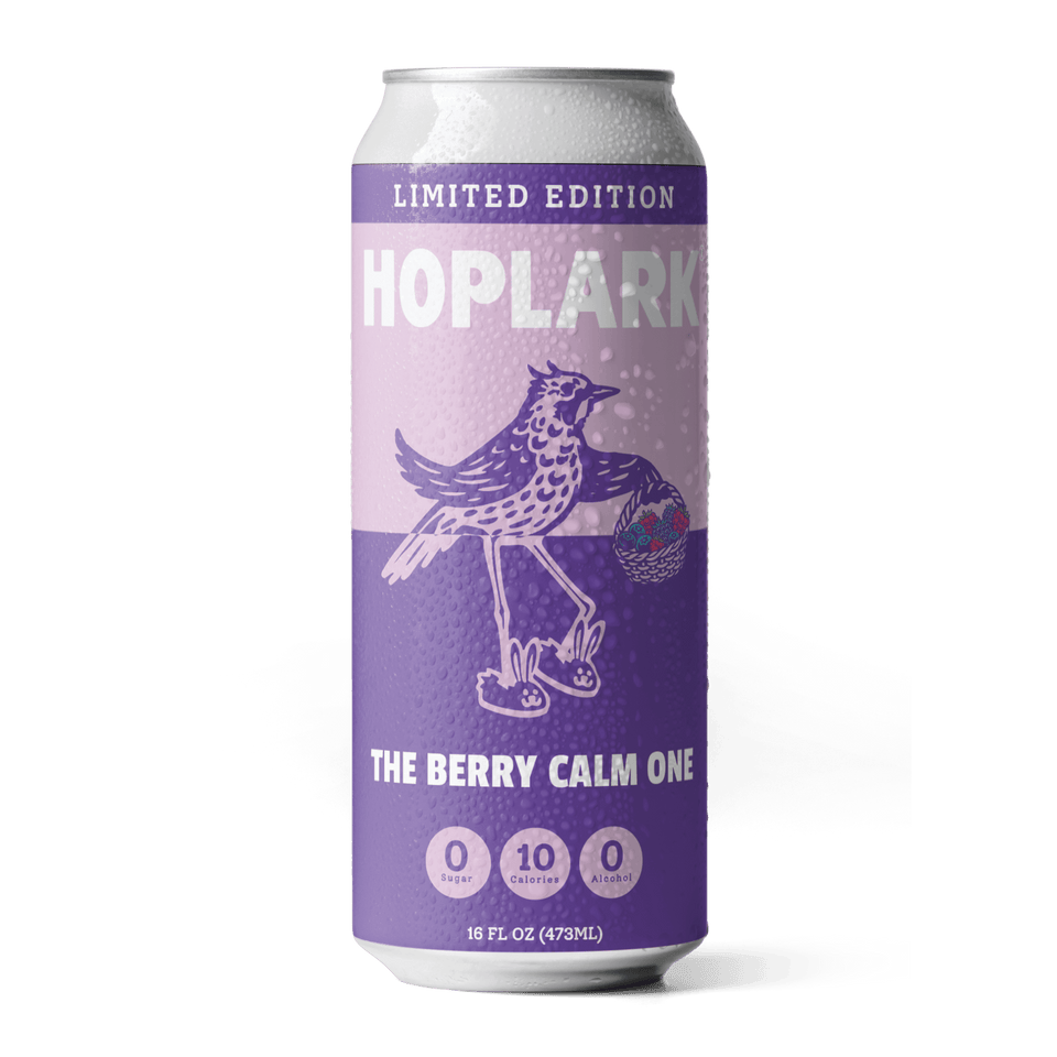 Purple can of Hoplark tea with a bird illustration on a white background