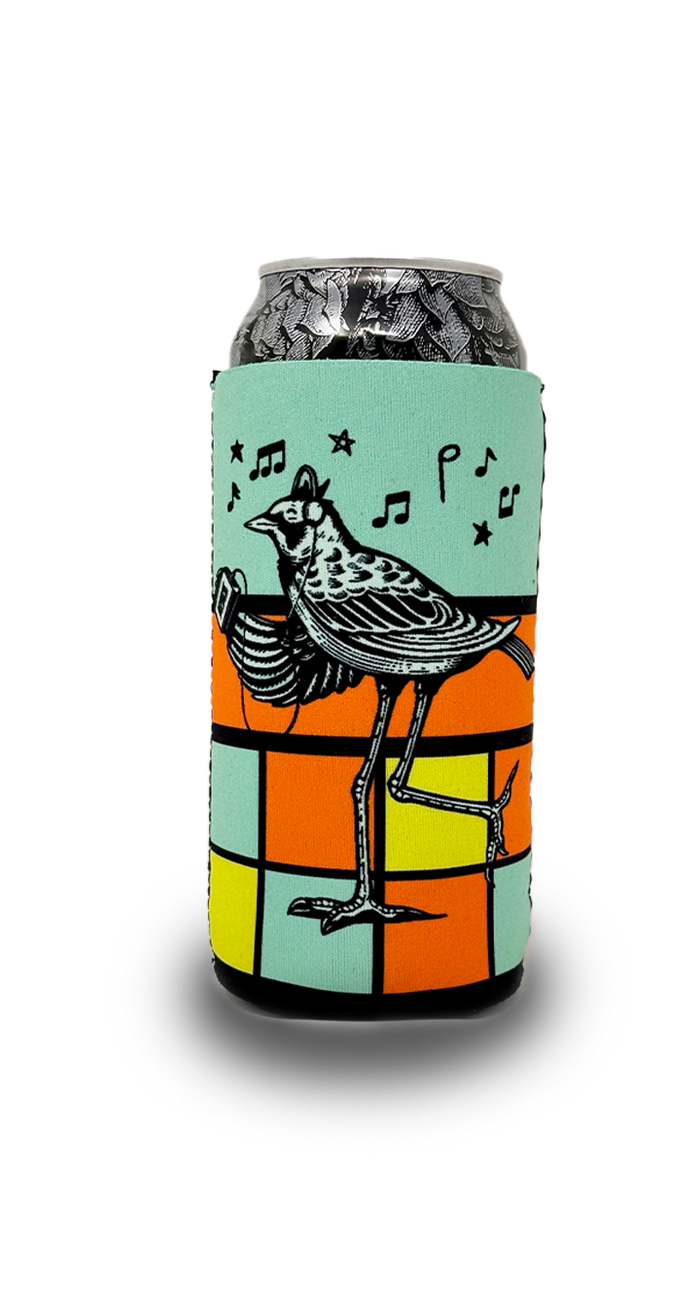 A colorful koozie with a bird illustration, designed to hold a 16 ounce beverage can.