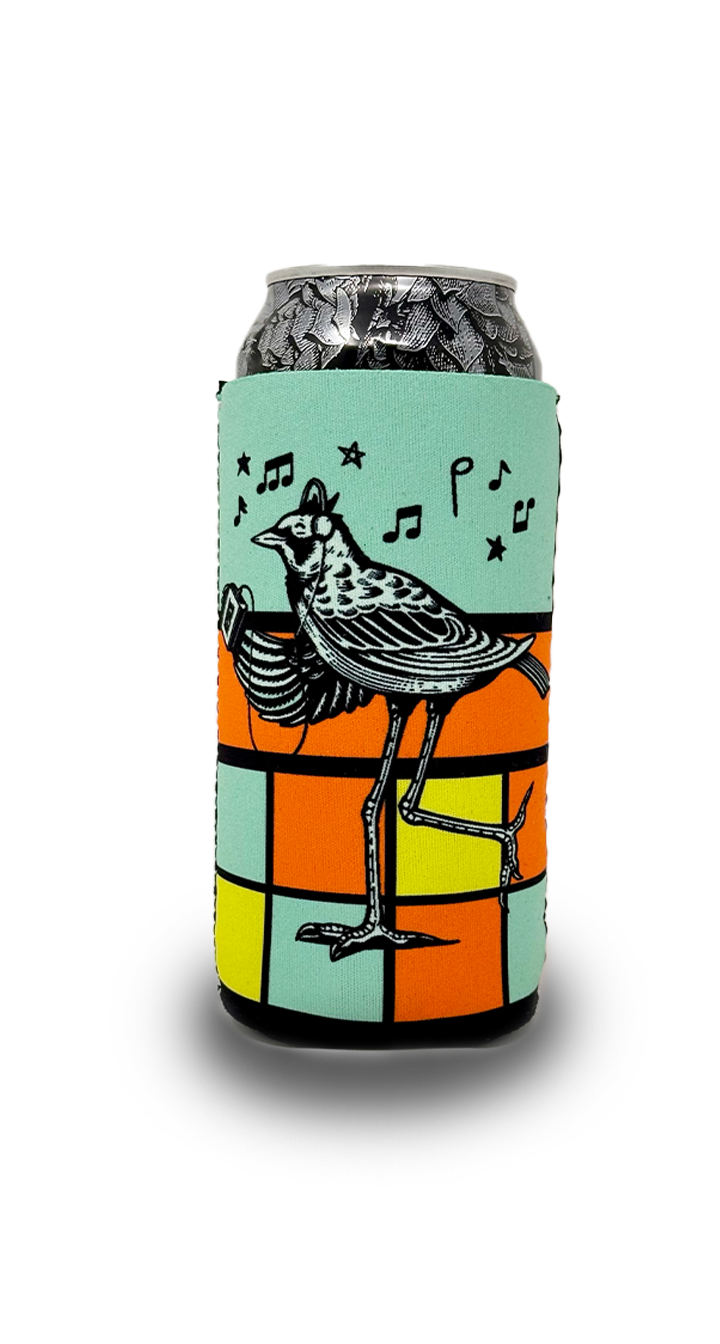 A colorful koozie with a bird illustration, designed to hold a 16 ounce beverage can.