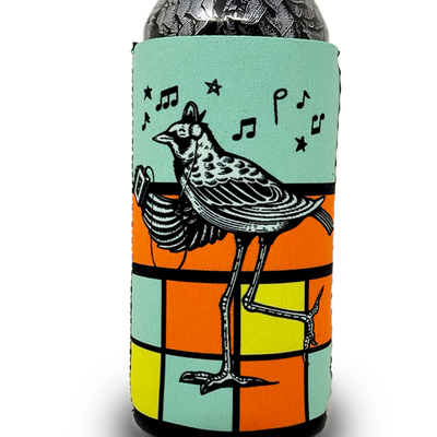 Load image into Gallery viewer, A colorful koozie with a bird illustration, designed to hold a 16 ounce beverage can.
