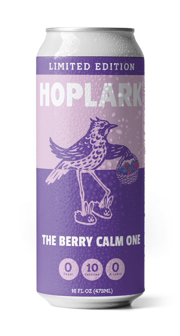 Purple can of Hoplark tea with a bird illustration on a white background