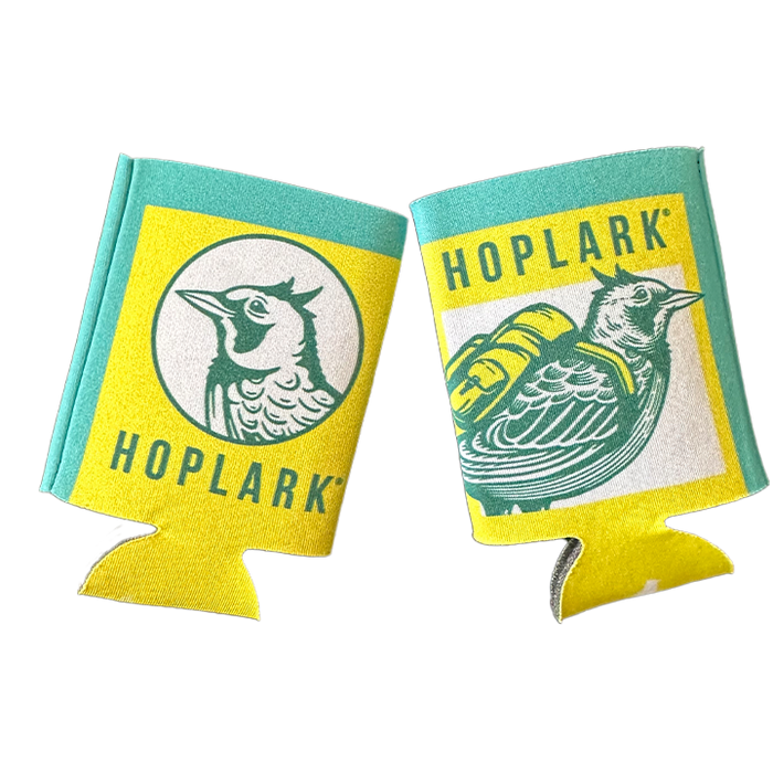 yellow can koozies with green and black hop leaf graphics, displayed against a white background.