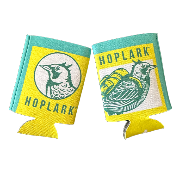 yellow can koozies with green and black hop leaf graphics, displayed against a white background.