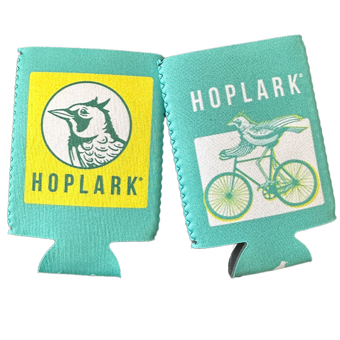 green koozies with printed designs. One has a bird and the other has a bicycle. Both feature the text 'HOPLARK'.
